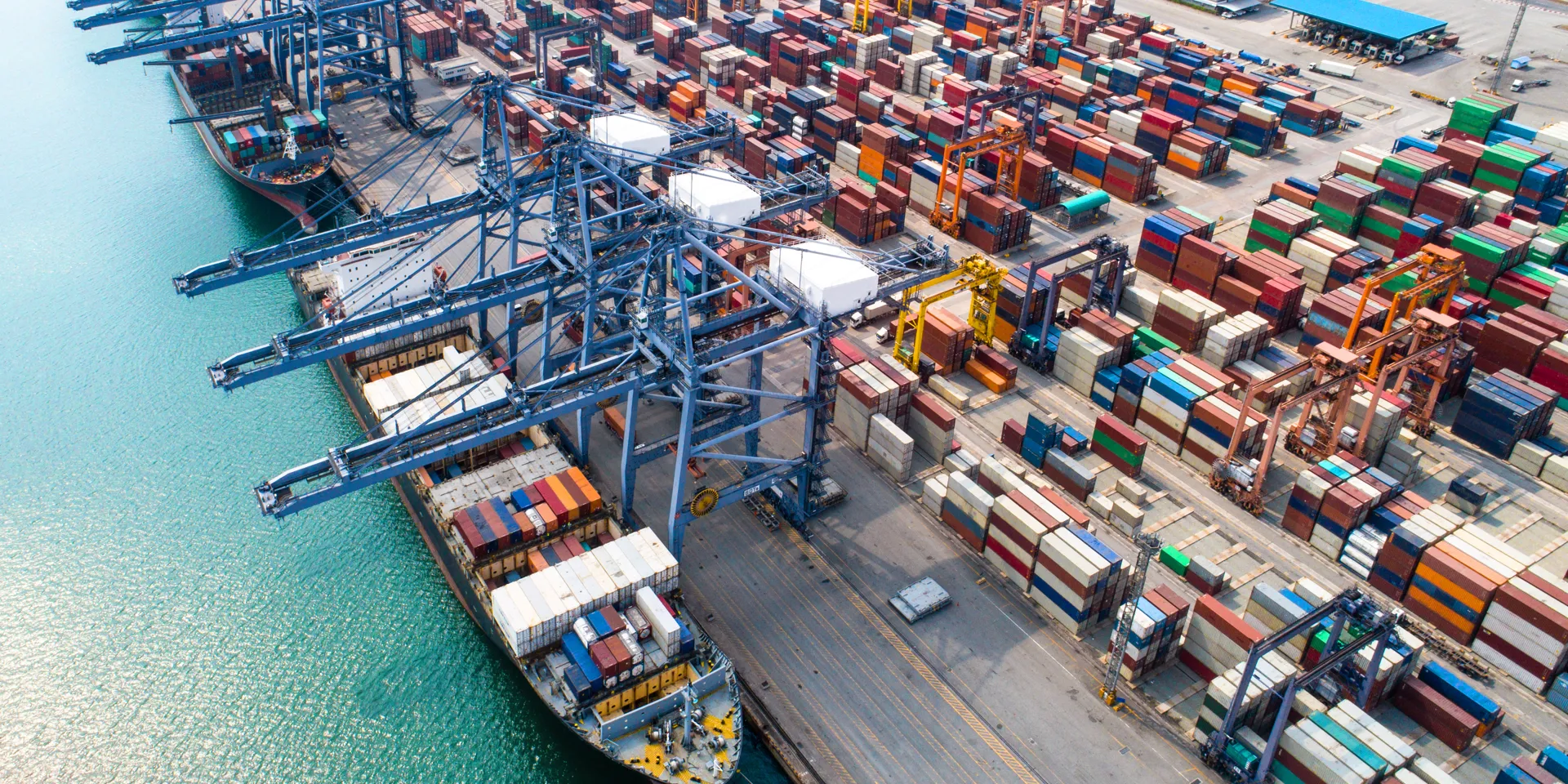Aerial view of a busy shipping port.